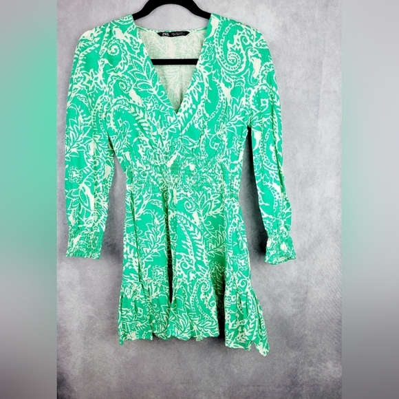 Zara Linen Long Sleeve Flirty Tropical Green Ruffled Linen Cotton Dress SIZE S - Picture 5 of 11